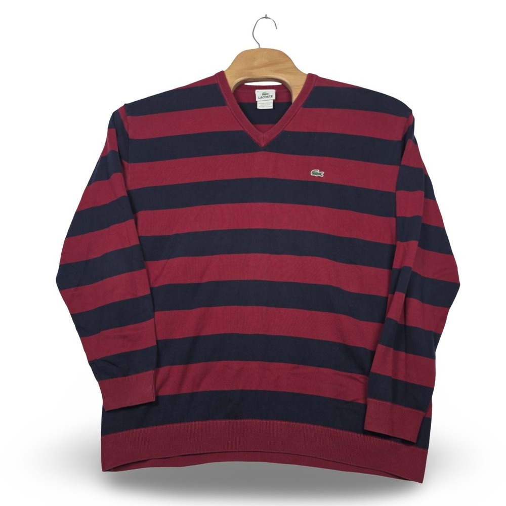 Lacoste V-Neck Sweater Men's Size 9 Navy‎ Red Striped Cotton Pullover Big Tall